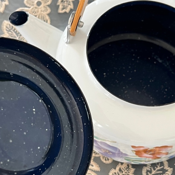 Vintage White Teapot w/ Floral Print - Wood Handles and Knob, Inner Navy Enamel - Picture 4 of 5